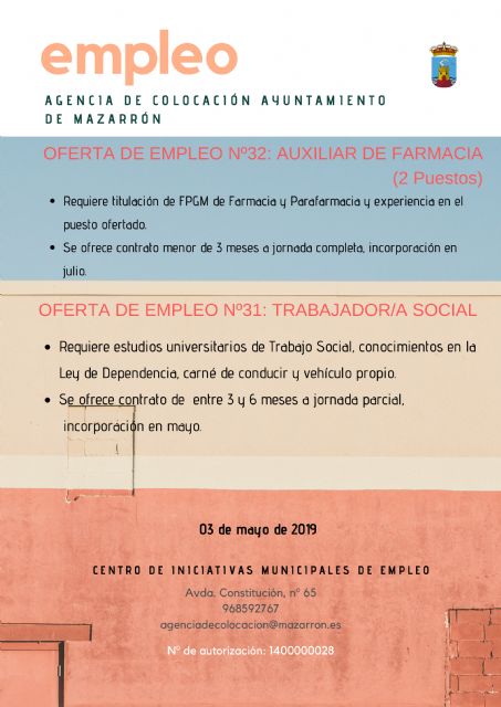 Ofertas de empleo de la agencia municipal. 03/05/2019