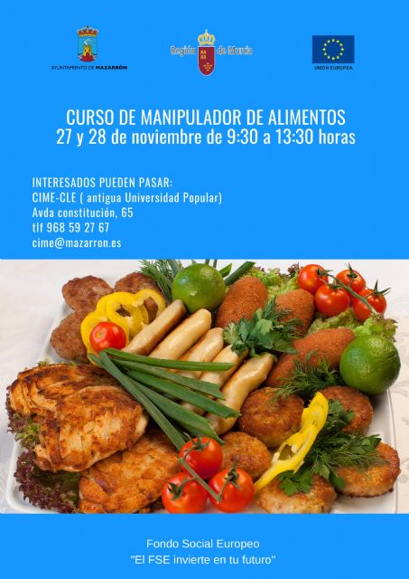 Curso de manipulador de alimentos para los días 27 y 28 de noviembre