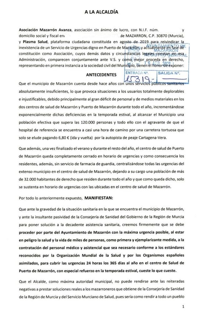 Piden que las urgencias del Centro de Salud de Puerto de Mazarrón estén abiertas las 24 horas del día, los 365 dias del año